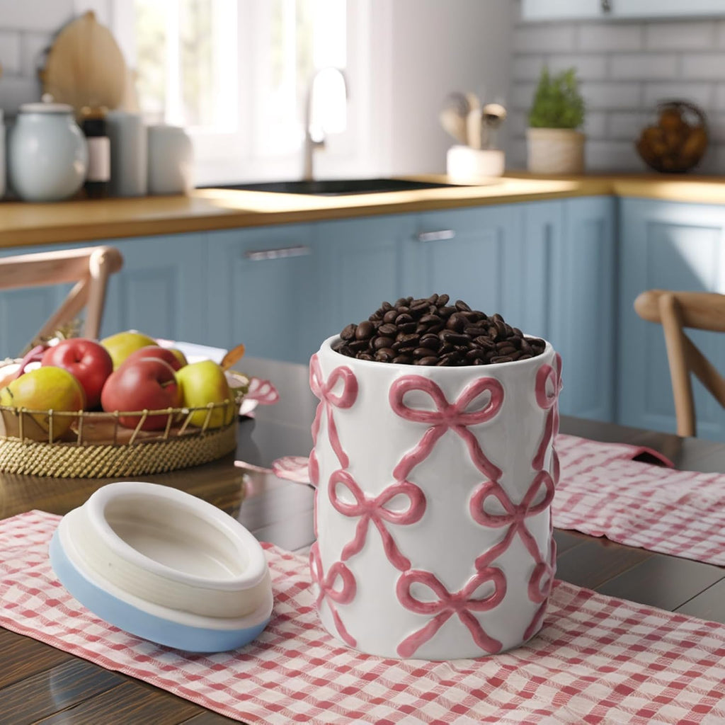 Cookie Jars with Lid Airtight, 42 OZ Large Ceramic Food Storage Containers, Cute Pink Bow Kitchen Canisters