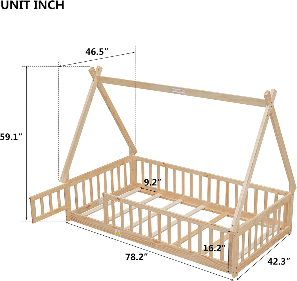 Twin Floor Bed for Kids Tent-Shaped Montessori Floor Bed with Slats and Guardrails Twin Size Wood Teepee Bed Frame