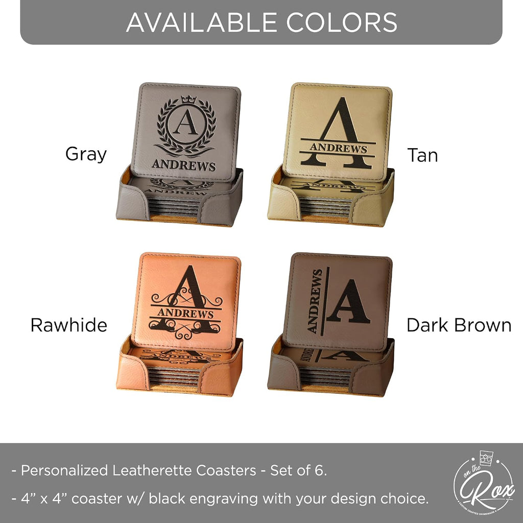Personalized Leatherette Coasters Engraved Name Monogram Coasters with Holder - Custom Gifts for Men - Set of 6