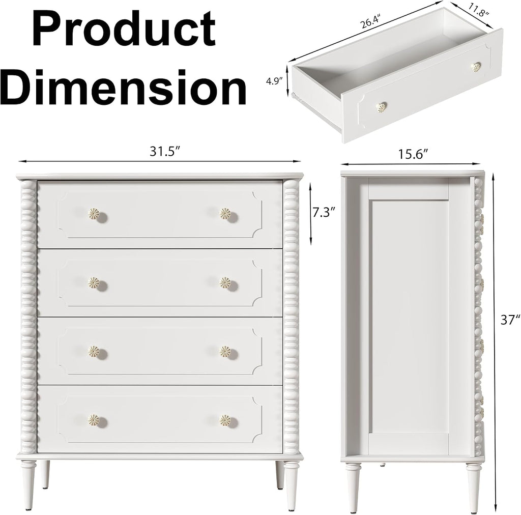 White Dresser with 4 Drawer, 37" Tall Chest of Drawers with Turned Legs and Ceramic Knobs,Vertical Dresser, Wood