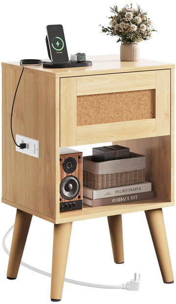 Rattan Nightstand, Boho Side Table with Drawer Open Shelf, Natural