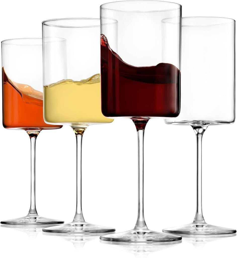 Square Crystal Wine Glasses Set Of 4 - European-made Handblown 14 oz Gift Packed Glasses - Large White & Red Wine