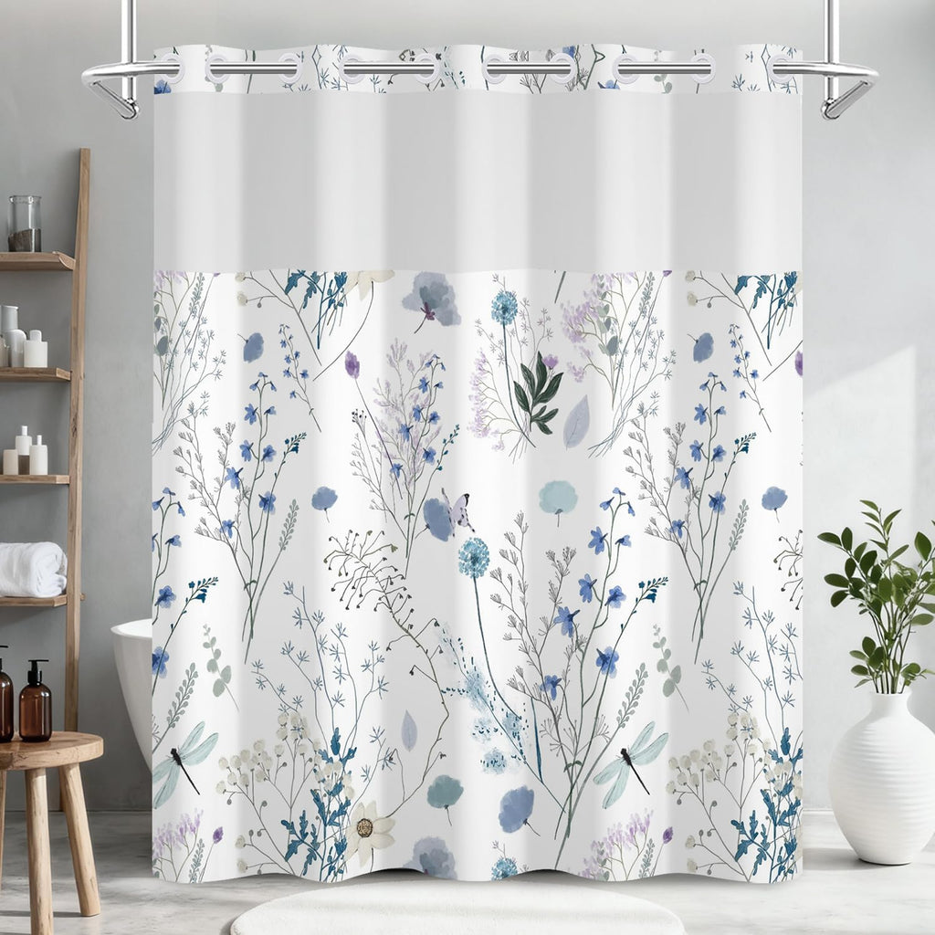 No Hook Watercolor Floral Shower Curtain and Liner Set, Hotel Style Waterproof Fabric Shower Curtain with See Through