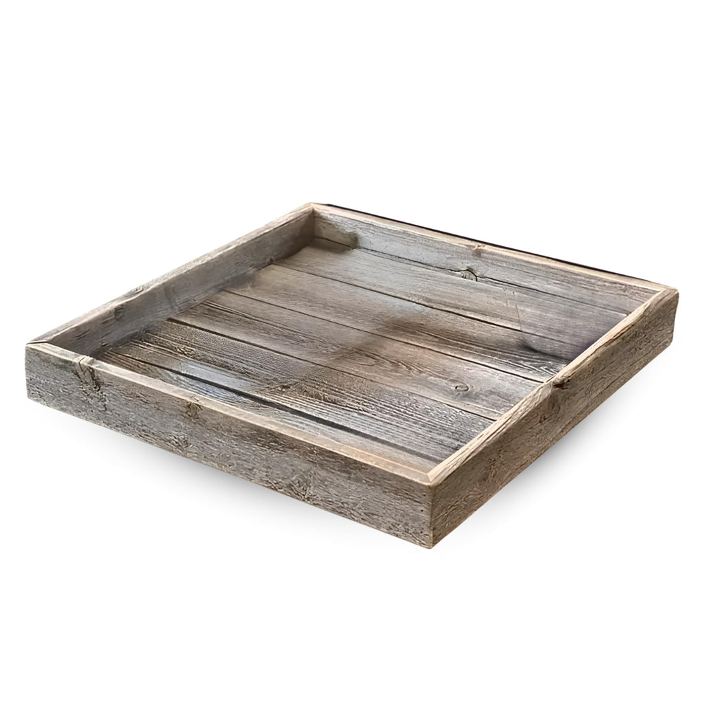 Farmhouse Rustic Weathered Reclaimed Wood 18 x 18 Inch Square Ottoman Tray for Coffee Table or Kitchen Counter Decor