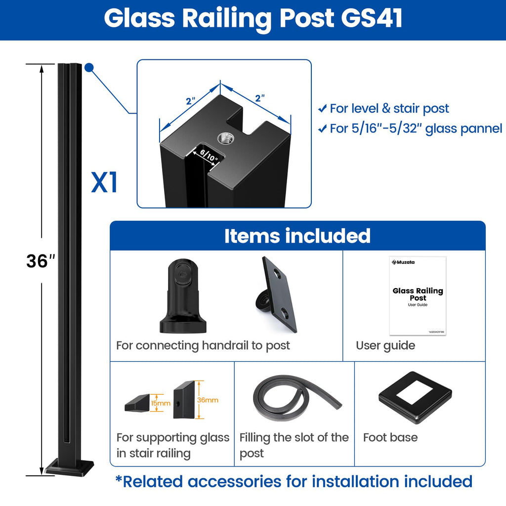 [Patent] 36" Black Glass Railing Post for Level and Stairs GS41 BG4