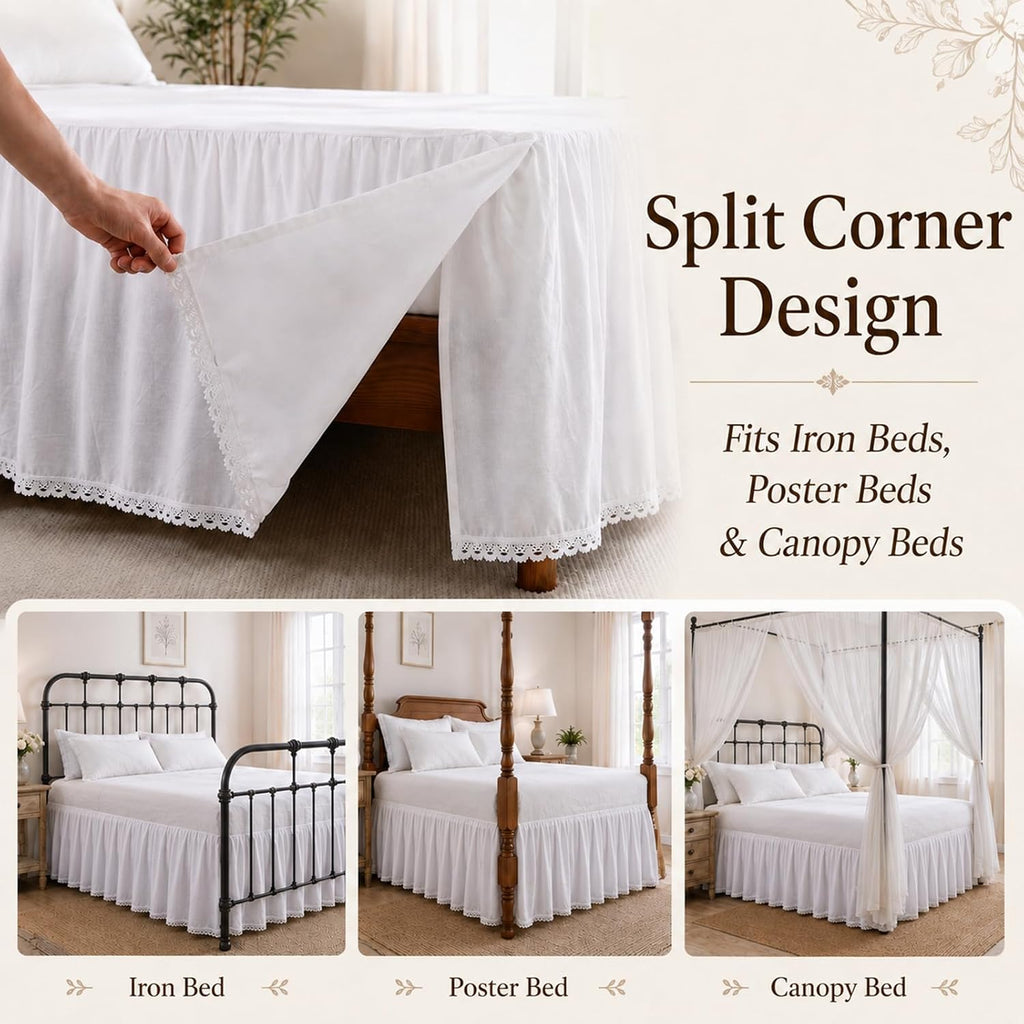 White Bed Skirt Full, 21-Inch Drop, 100% Cotton, Split Corners | Crochet trim dust ruffle in lightweight cotton;