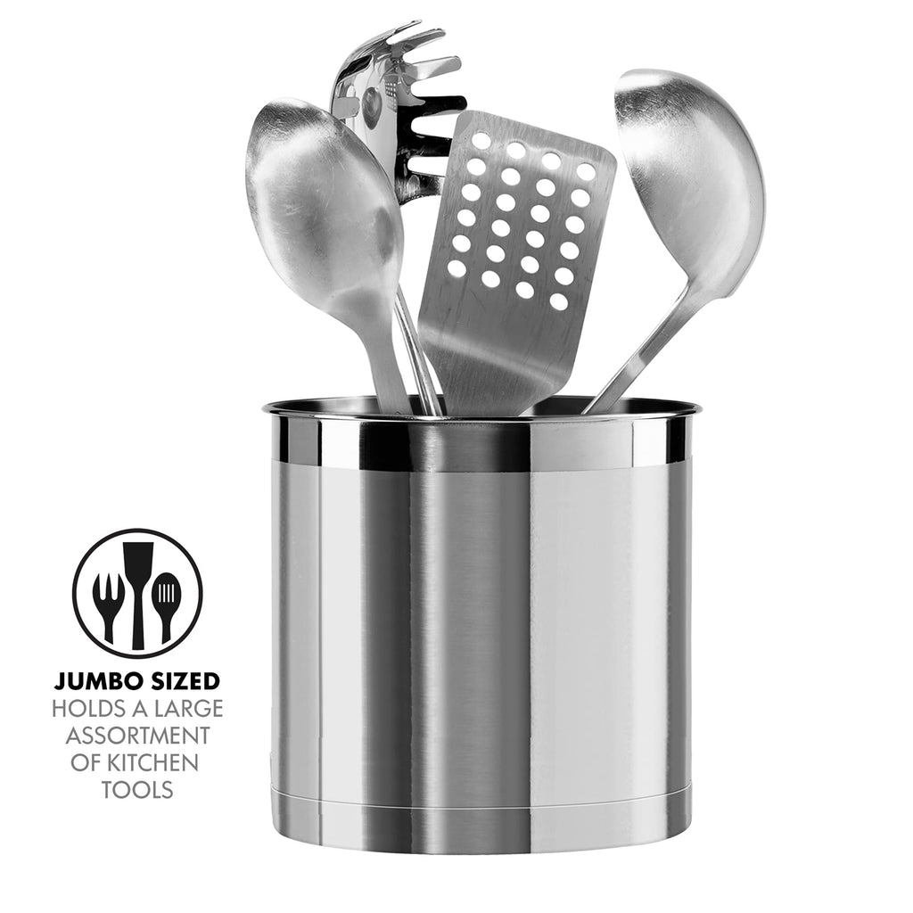 Stainless Steel Jumbo Utensil Holder - 7" Utensil Caddy, Weighted Base for Stability - Extra Large Utensil Crock