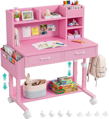 Pink Kids Desk with Hutch, 32" Height Adjustable Mobile Rolling Girls Desk
