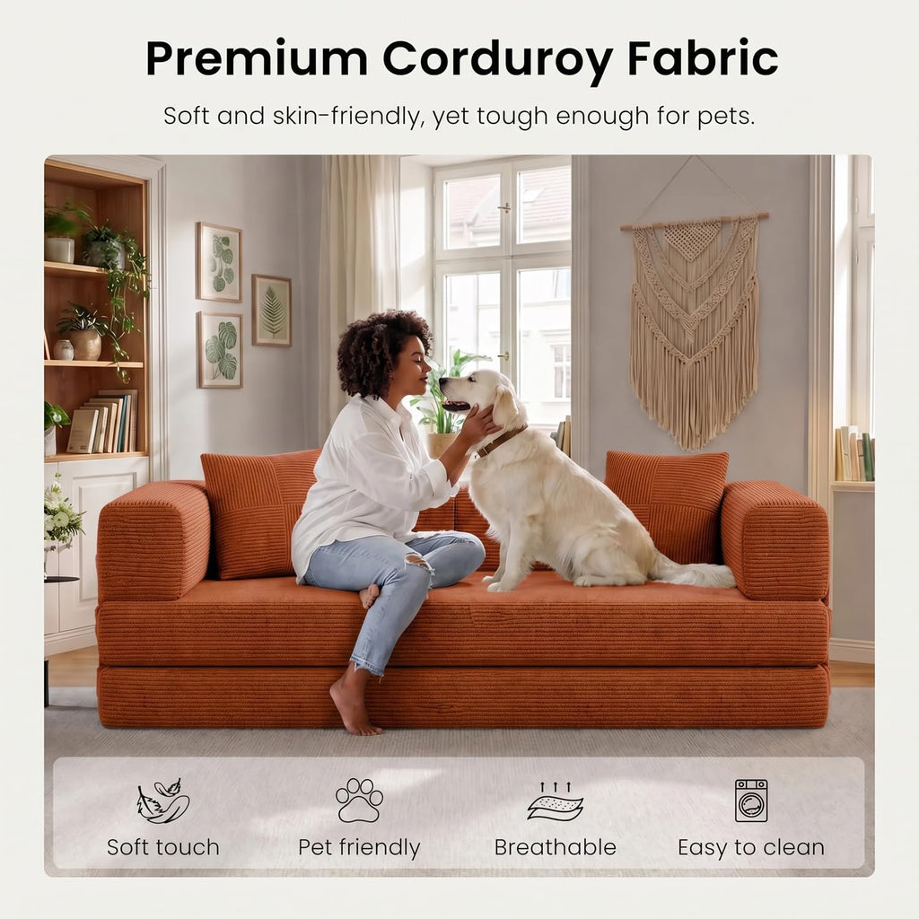 79.5" Convertible Futon Sofa Bed, Boneless Couch | Corduroy Boneless Loveseat Sleeper Sofa, Modular Futon Couch with