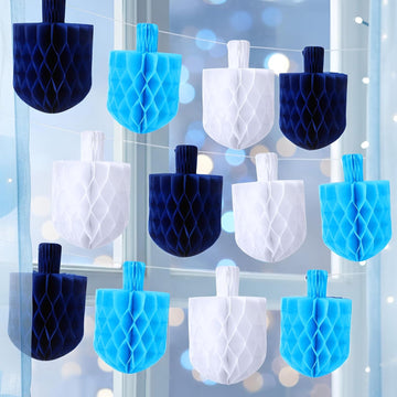 Hanukkah Decorations Garland 5.5'' Blue White Dreidels Honeycomb Ornaments Chanukah Hanging Decor for Hanukkah - Set of 12
