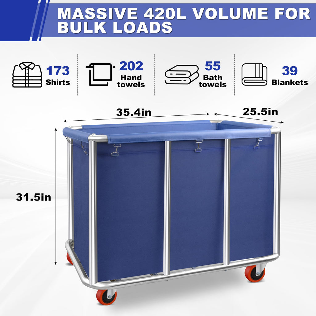 420L Commercial Rolling Laundry Cart, 440lbs Heavy Duty Steel Hamper, Blue