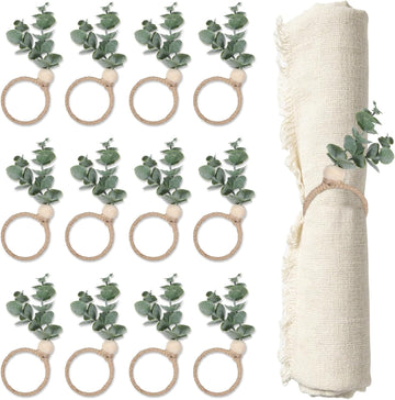 Napkin Rings, Easter Napkin Rings, Boho Eucalyptus Leaf Napkins Ring, Wood Bead Rustic Farmhouse Napkins - Set of 12