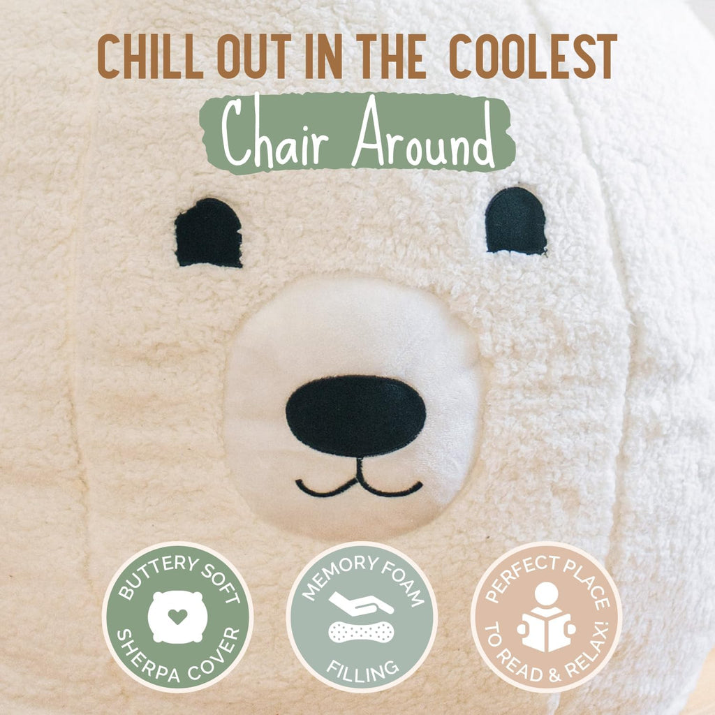 Kids Bean Bag Chair - Soft Sherpa and Memory Foam Stuffed Animal Beanbag Seat for Boys and Girls - Cozy Polar Bear
