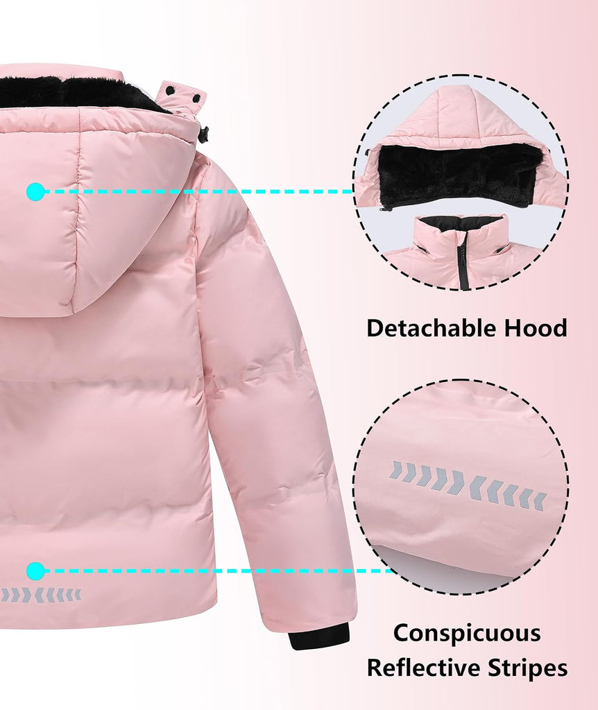 Winter Coat Warm Fleece Thermal Padded Jackets with Detachable Hood Outdoor Puffy Jacket with Zip Pockets
