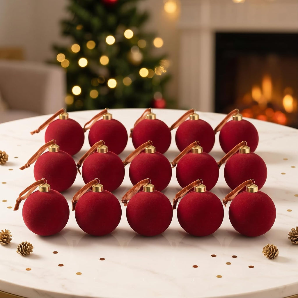 Red Velvet Christmas Decorations Balls, 2.65 Inch Christmas Ornaments Decor, Dark Red Flocked Ball for Family - Set of 15