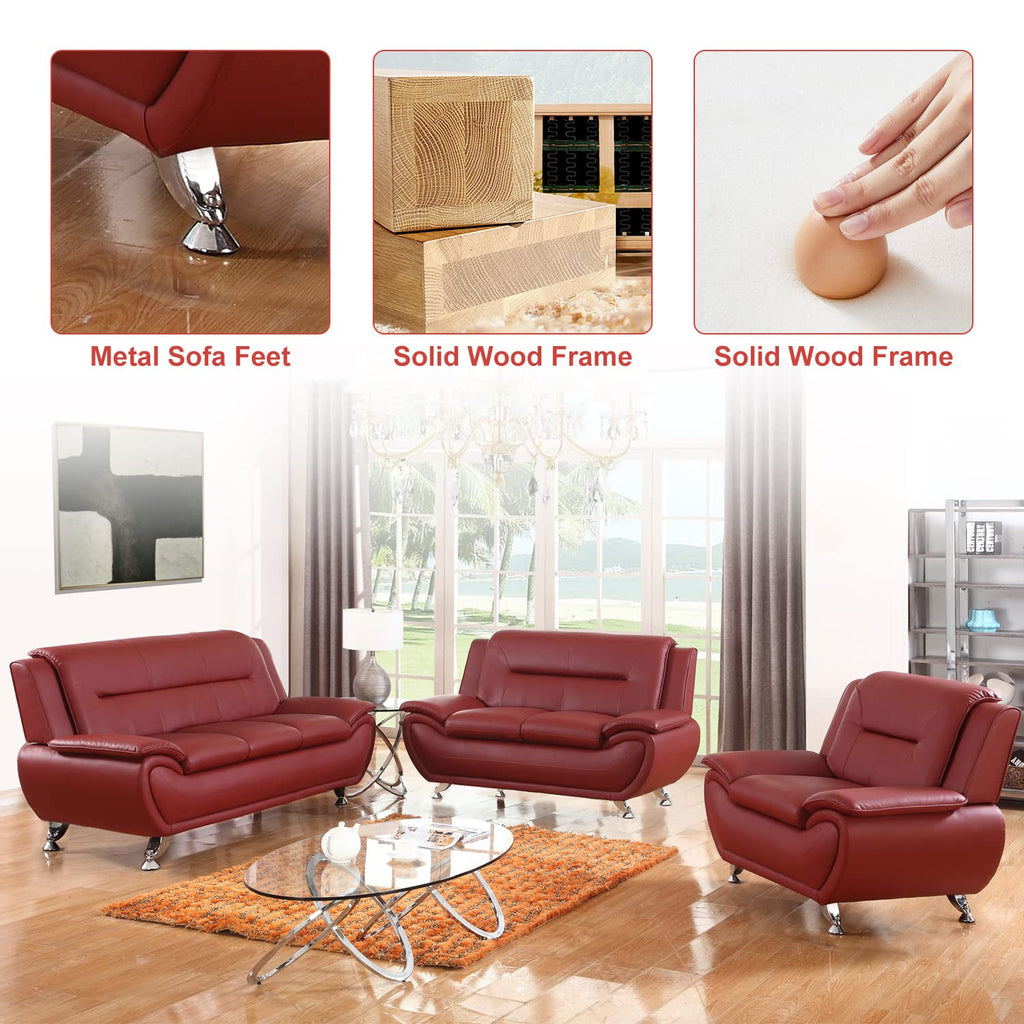 Living Room Furniture Set, Faux Leather Couch Sets, Modern Couch (Sofa and Loveseat, Red)