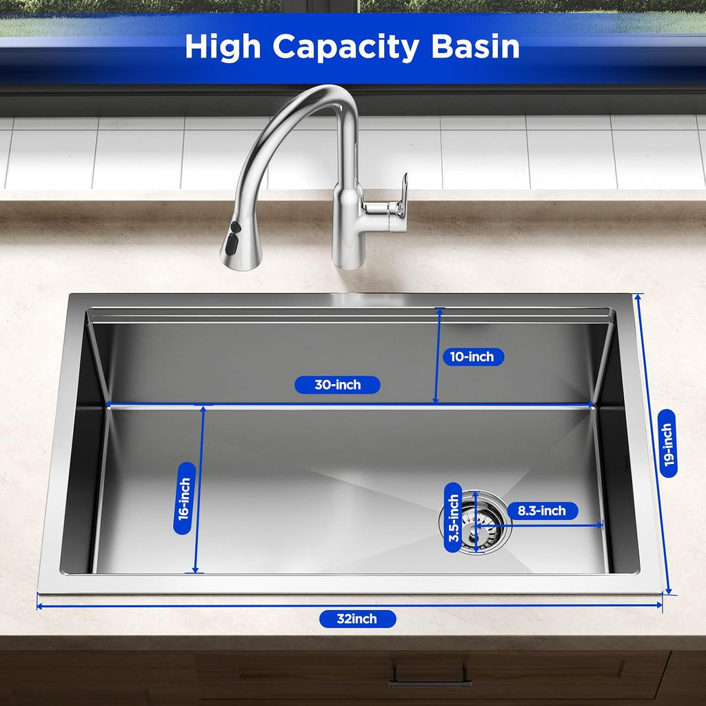 32‐Inch Nano‐Coated Stainless Steel Workstation Sink, 10′′ Deep Single Bowl Undermount Kitchen Sinks, Handmade