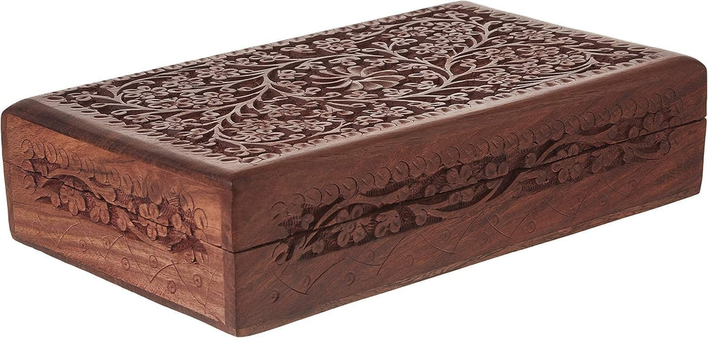 Handmade Wooden Jewelry Box, Hand Carved Jewelry Organizer with Floral Design, Rustic Storage Memory Box for Rings