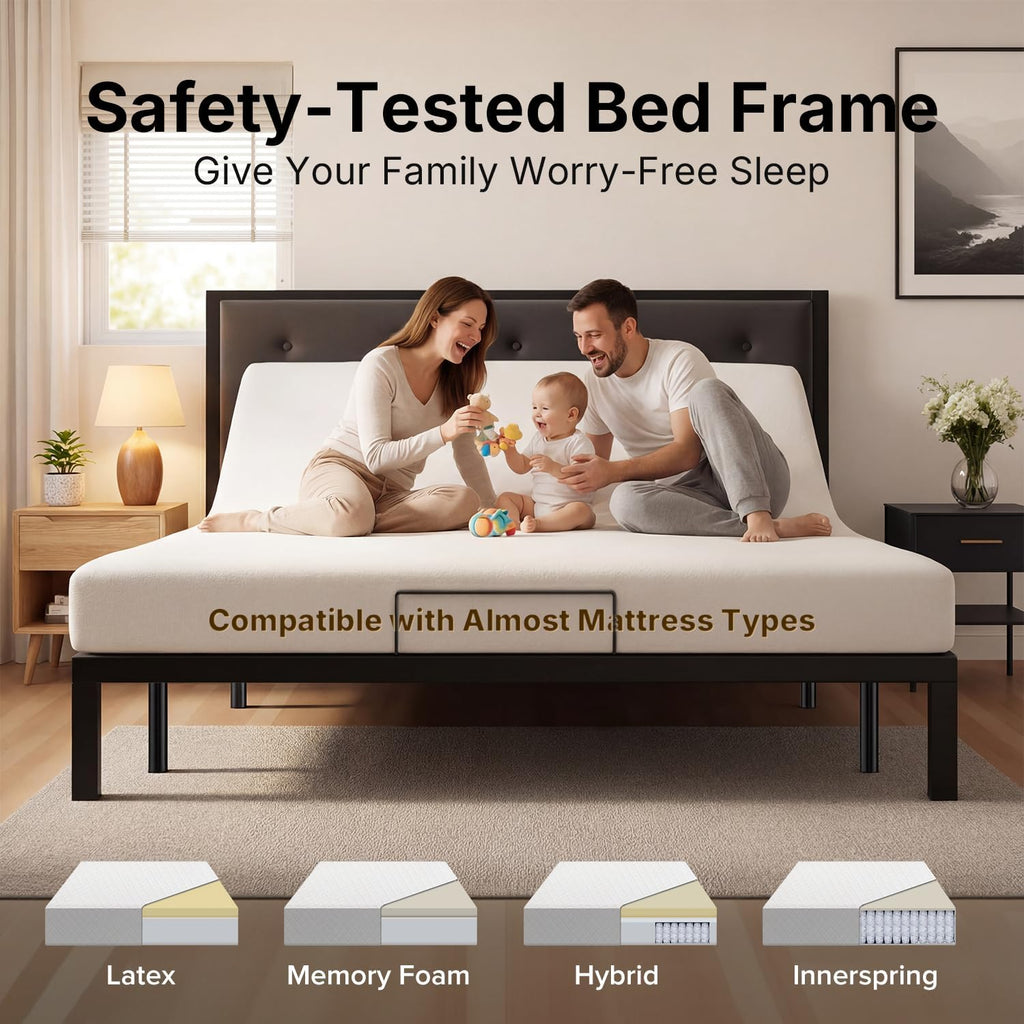 Adjustable Bed Frame Queen Size for Seniors (Grey, Easy Assembly)