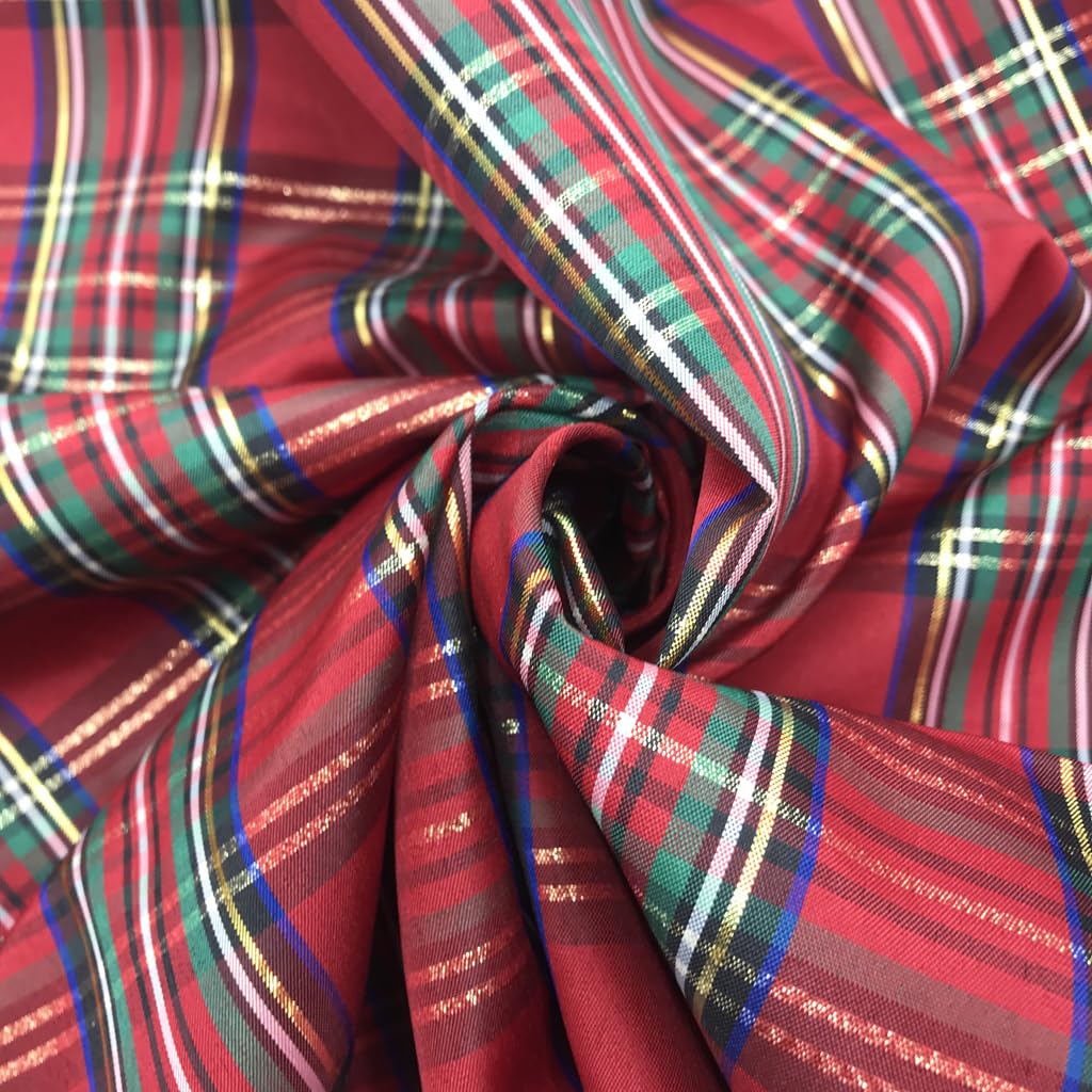 72x57 Inch Red & Green Lurex Tartan Plaid Taffeta Fabric with Metallic Gold
