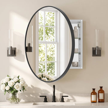 Bathroom Medicine Cabinet with Mirror, 28 Inch Black Round Mirror Medicine Mabinet Wall Mounted with Aluminum Alloy