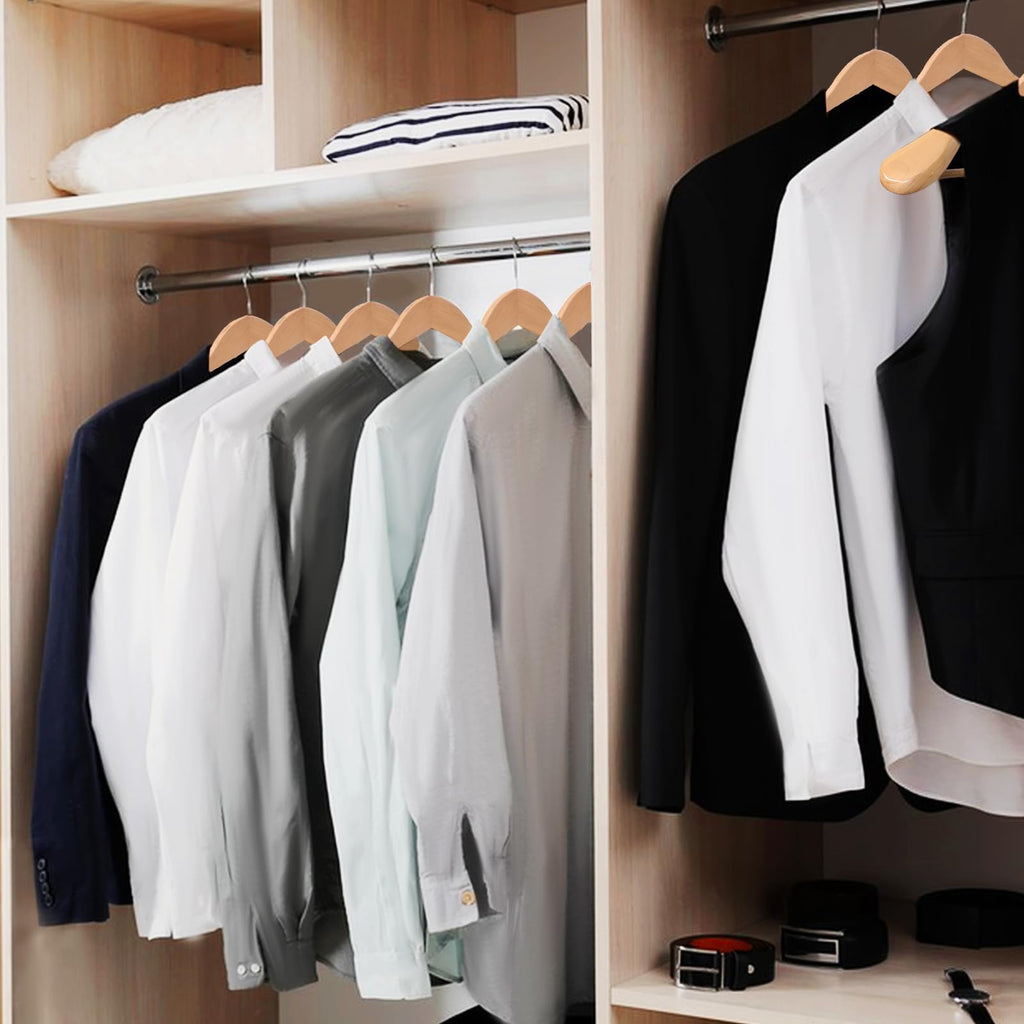 Solid Wood Suit Hangers, 10 Pack, Coat Hangers with Non Slip Trouser Bar, 360° Swivel Hook, Heavy Duty Wide Hangers