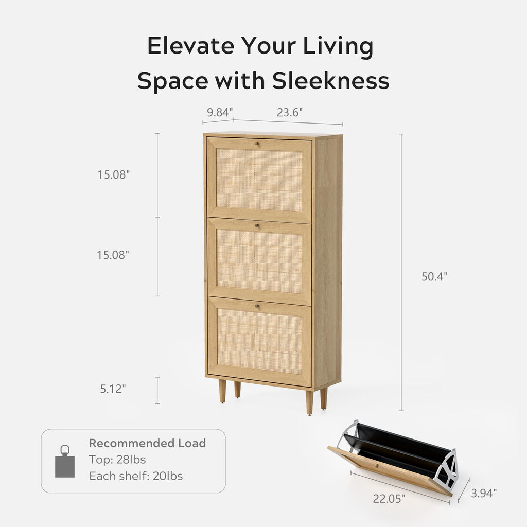 Rattan Shoe Cabinet Set of 2 Narrow Shoe Storage Cabinet with 6 Flip Drawers Hidden Freestanding Shoe Rack Organizer