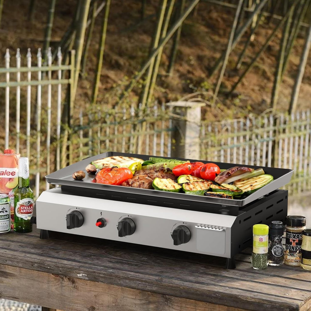 3-Burner Outdoor Propane Gas Griddle, 23.3-Inch Flat Top Grill, 30,000 BTU Portable Camping Griddle