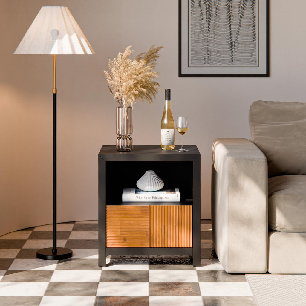 Madia Wood Nightstand, Fully Assembled Mid-Century Modern Side Table in Black and Teak Brown, Elegant Bedroom Decor