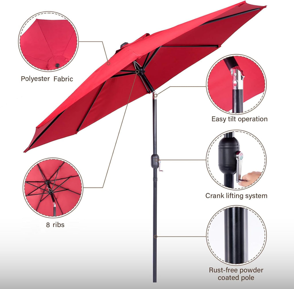 9 ft. Patio Umbrella, Market Table Umbrella w/Tilt and Crank, 8 Ribs - Scarlet