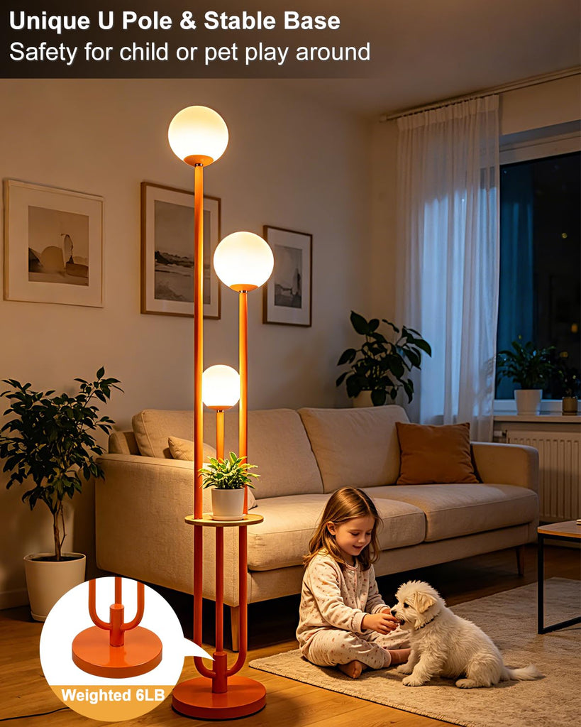 Dimmable 3-Light Globe Floor Lamp with Storage Shelf, Orange Mid Century Modern Standing Lamp, 3PCS 3000K Warm White