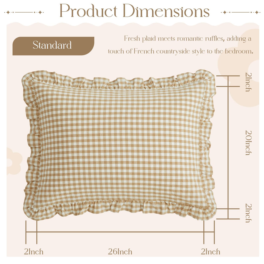 2 Pcs Plaid Ruffle Pillow Case Standard, Taupe Plaid Pillow Shams