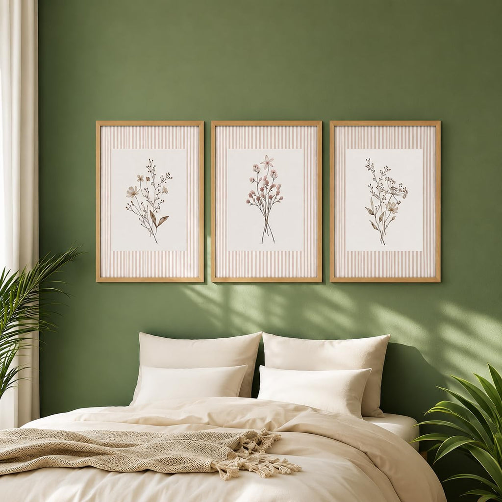Neutral Wildflower Wall Art Set of 3, Vintage Botanical Floral Canvas Wall Decor, Rustic Cottagecore Striped Flower