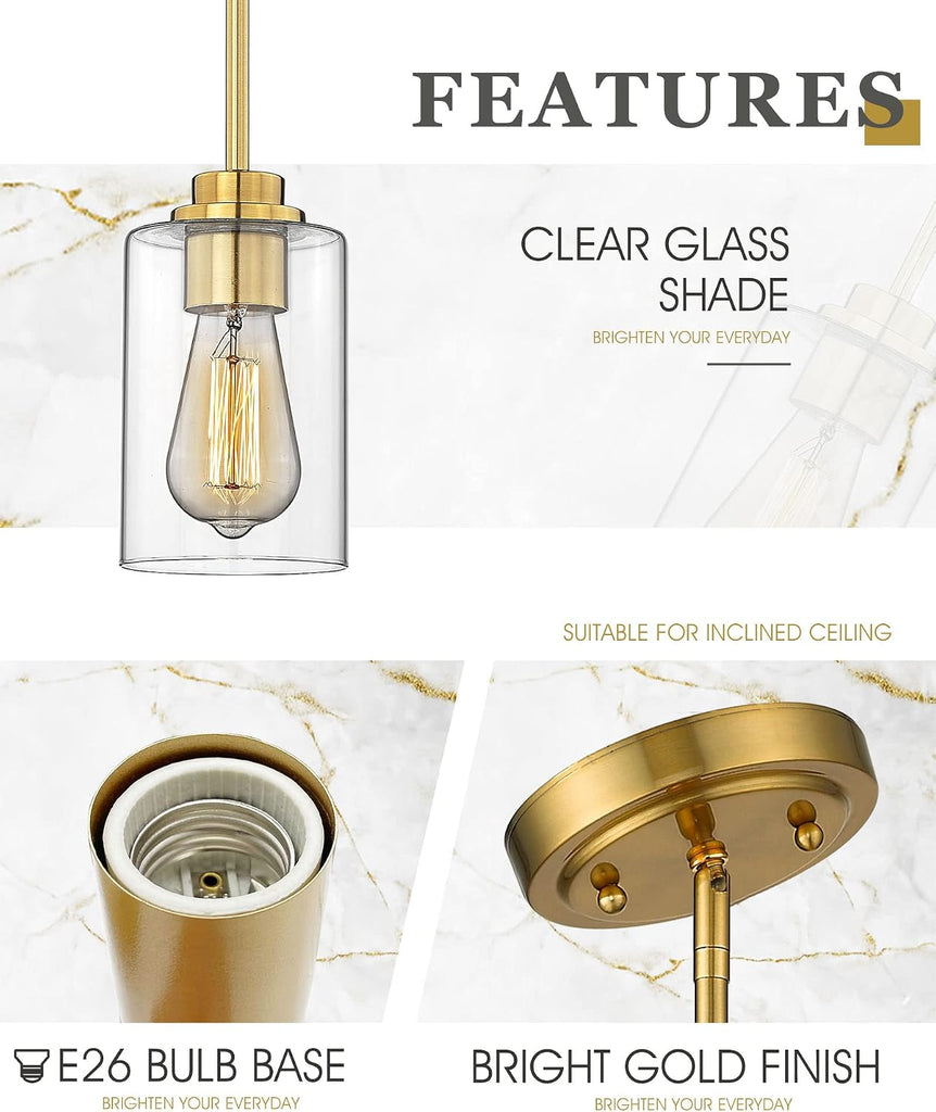 Brass Pendant Lights Kitchen Island 2 Pack, Farmhouse Gold Pendant Lighting with Clear Glass Shade, Mini Hanging
