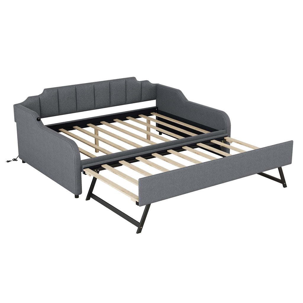 Full Daybed with Pop-up Trundle Upholstery Day Bed Frame with USB Charging Ports Modern Sofa Beds with Adjustable