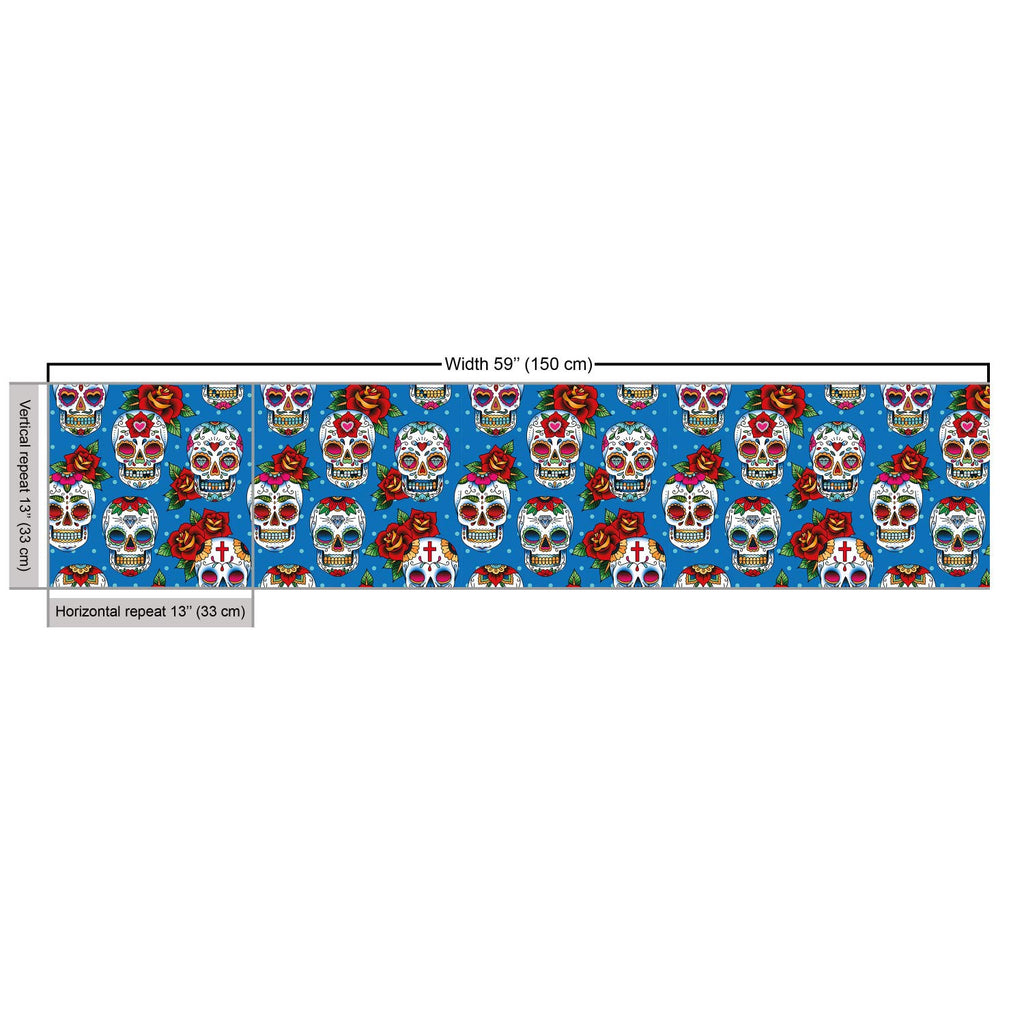 Sugar Skull Fabric by The Yard, Retro Style Mexican Cultural Pattern on Polka Dots Rose Bouquets Skeletons