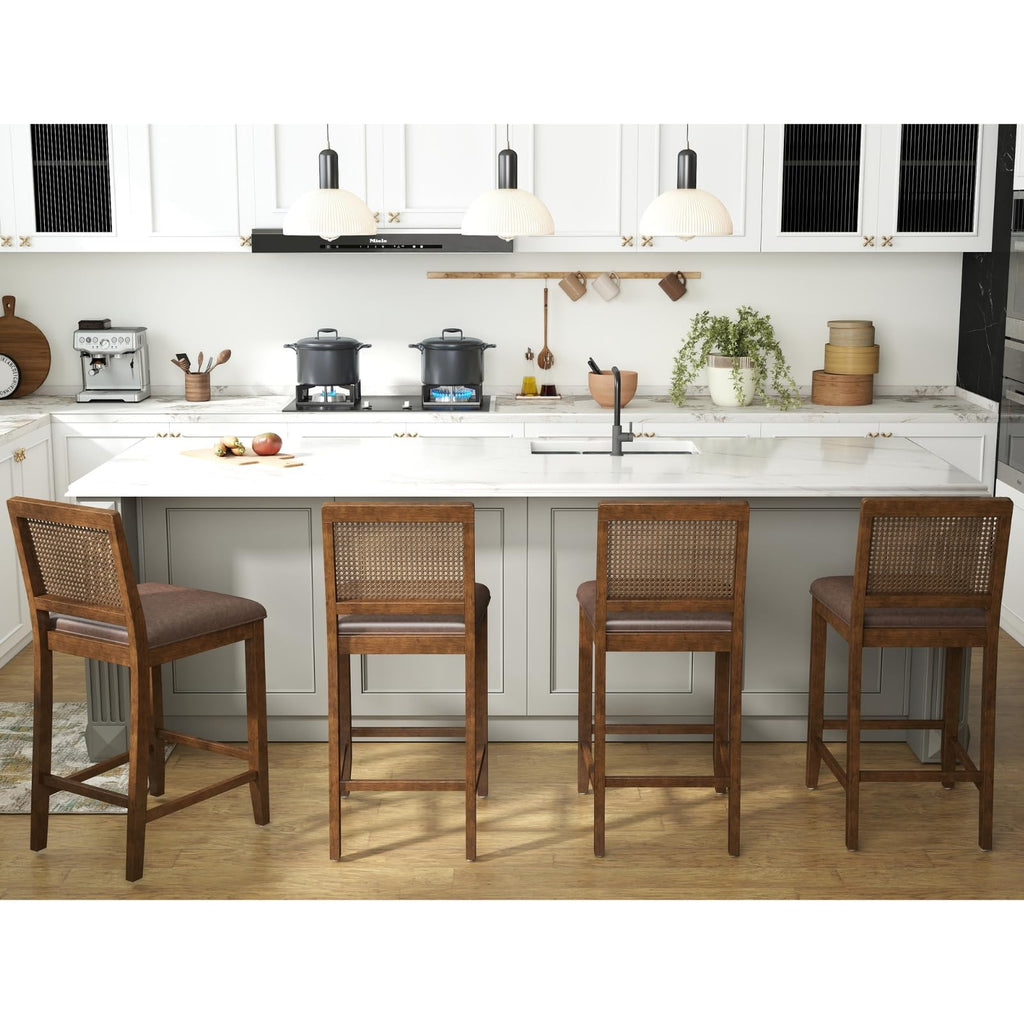 26" Rattan Bar Stools Set of 6, Farmhouse Faux Leather Upholstered Counter Height Stools with Cane Woven Back