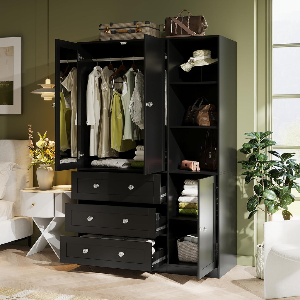 71"H Armoire Wardrobe Closet with Mirror and Open Shelves (1, Black)
