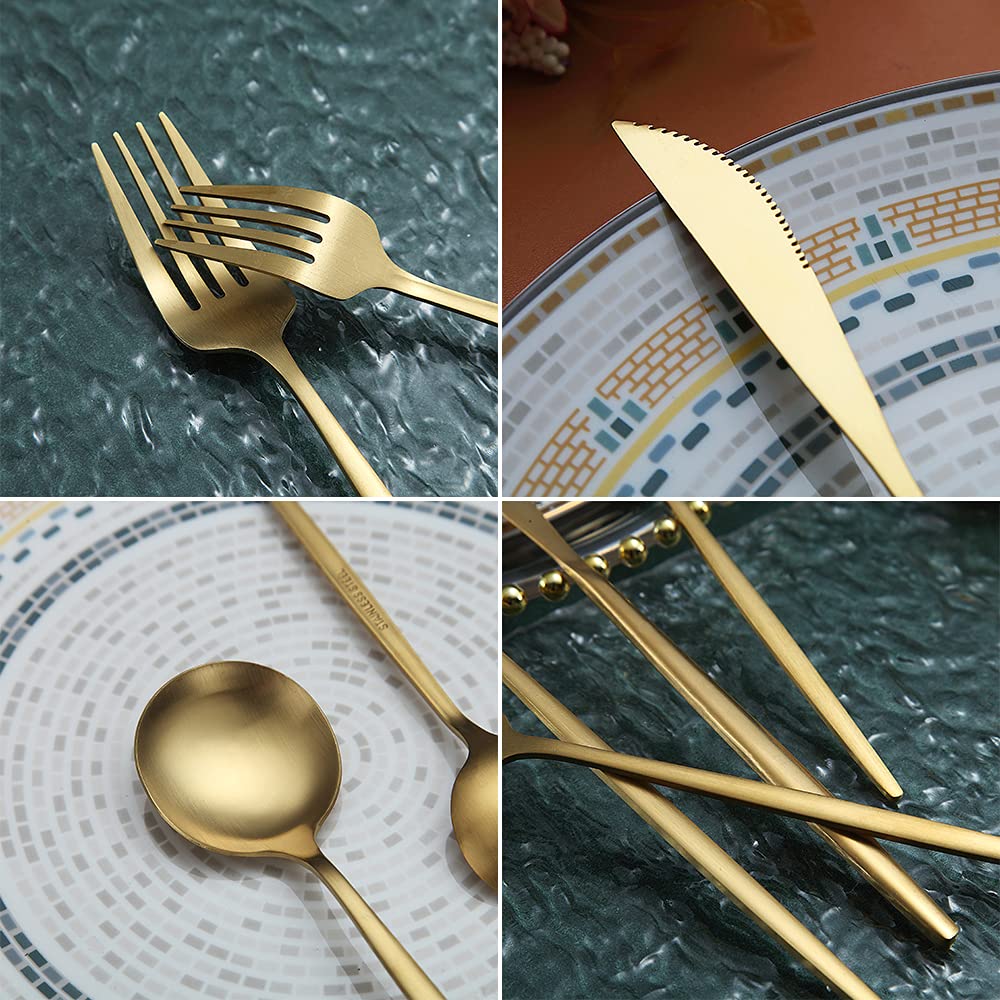 Matte Gold Silverware Set 40 Pieces, Stainless Steel Golden Flatware Set, Titanium Plating Cutlery Set, Matte Gold