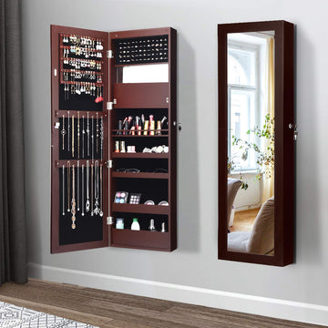 15 LEDs Jewelry Cabinet, 47" H Door Hanger Jewelry Armoire Organizer w/Mirror, Cosmetics Tray, Lipstick Brush