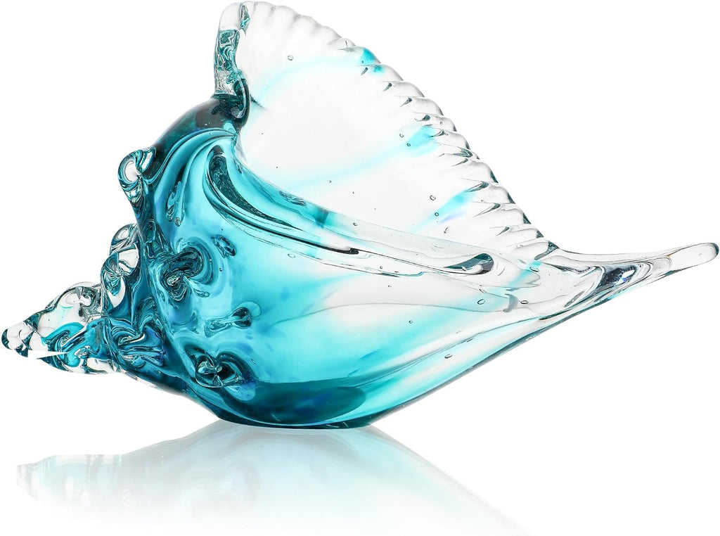 Blown Glass Conch Shell Sculpture, 8.2" Sea Glass Art Decor