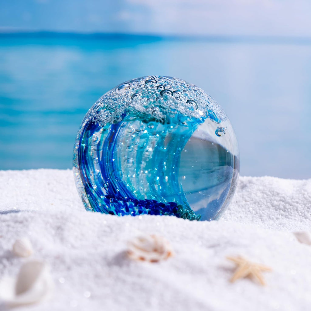 3.15" Ocean Wave Art Glass Paperweight, Hand Blown s Collectibles, Ocean Waves Decor Coastal Beach