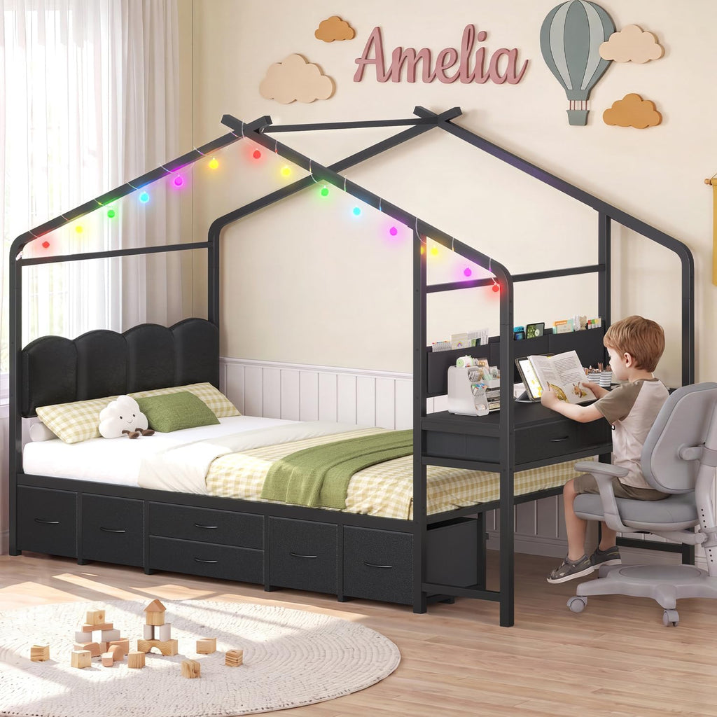 Twin Kids Bed with Desk,Metal House Bed with Headboard,Black | Unique House Roof Frame ,Space-Saving All-In-One Kids