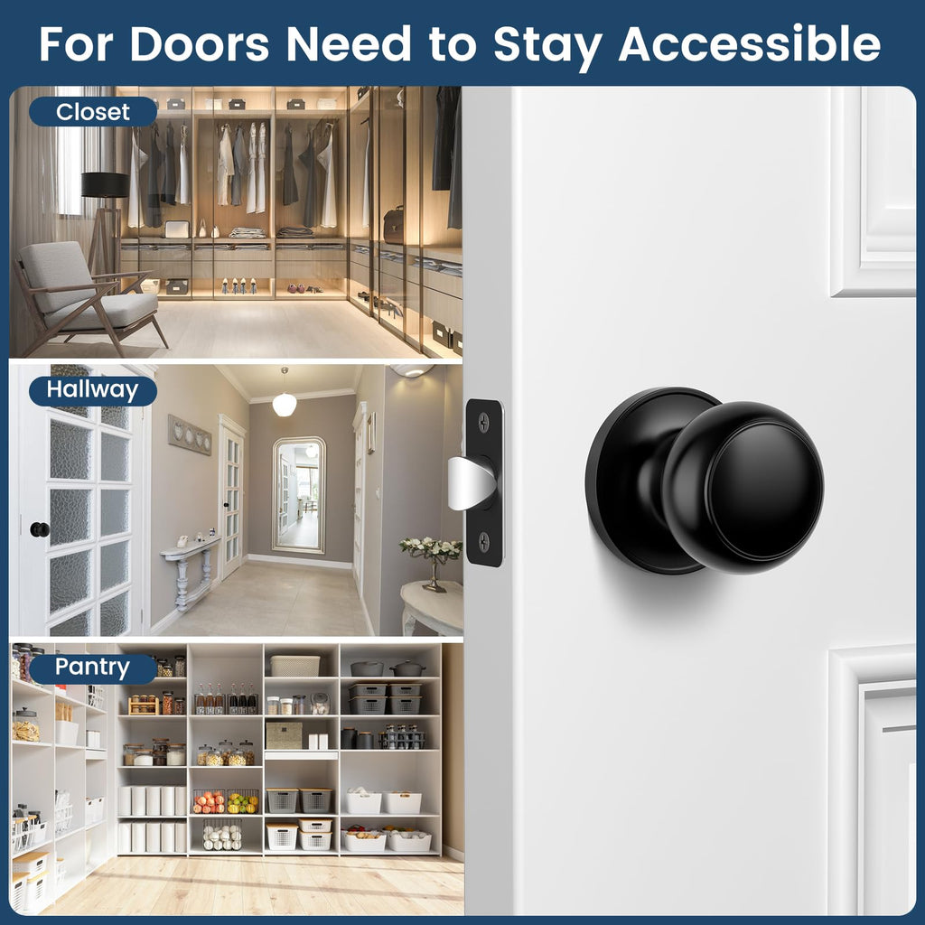 Passage Door Knobs, 5 Pack Matte Black Door Knobs, Hallway Closet Non-Locking Interior Doorknobs, Round Door Handles