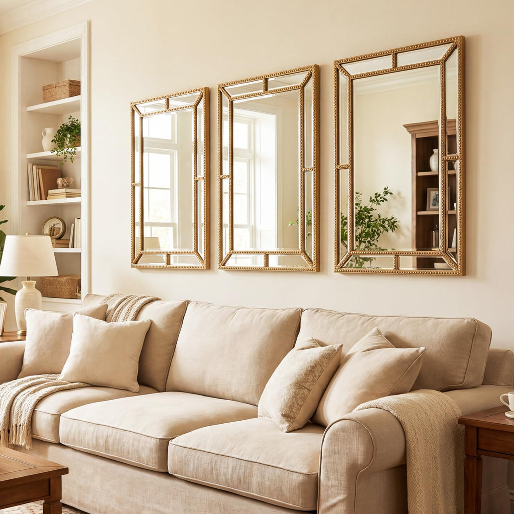 36" x 24" Gold Rectangle Wall Mirror, Decorative Mirror with Beaded Frame, Fireplace, Bedroom, Modern Vintage Wall