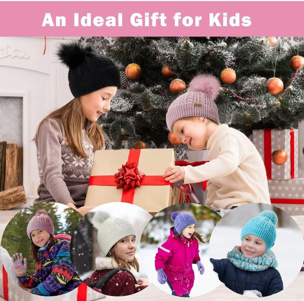 Kids Winter Hat Gloves Scarf Set,Girls Toddler Children Hats Beanie with Pom Knit Neck Warmer Gaiter Mittens Fleece