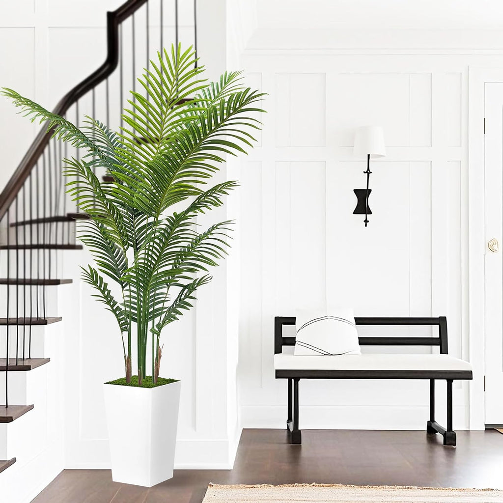 Artificial Palm Tree 6FT - Fake Tree with White Tall Planter - Faux Tropical Areca Floor Plant in Pot - Artificial