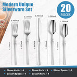 20-Piece Silverware Set for 4,Modern 18/10 Stainless Steel Flatware Set,Unique Rustic Cutlery Utensils Set