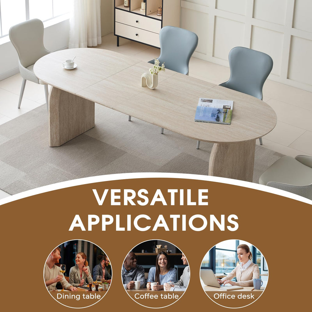 59.06"-90.55" Extendable Dining Table for 6 8 10, Modern Oval Kitchen Table with Dual Pillar Base, Wooden Expandable