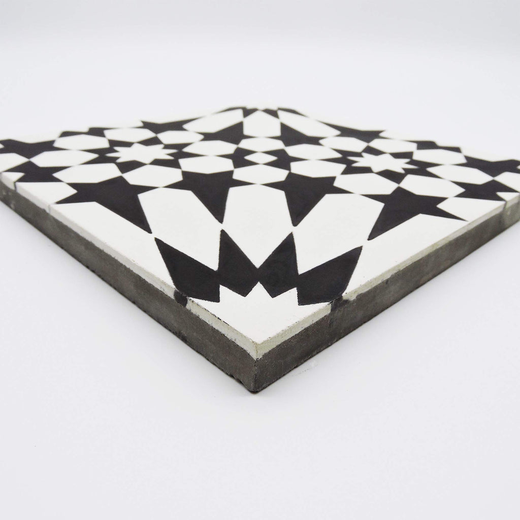 Agdal Handmade Cement Tile in Black and White, 8"x8, 5 Sq Ft